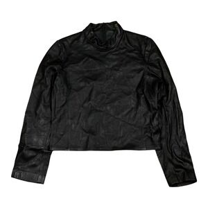 Rem Garson Women's Sz L 100% Soft Leather Back & Side Zip‎ Mock Neck Black Top